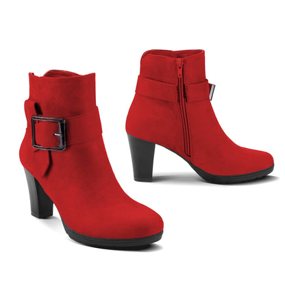 mysoft Women's Wide Width Ankle Boots Chunky Heel Ankle Strap Buckle Booties with Zipper