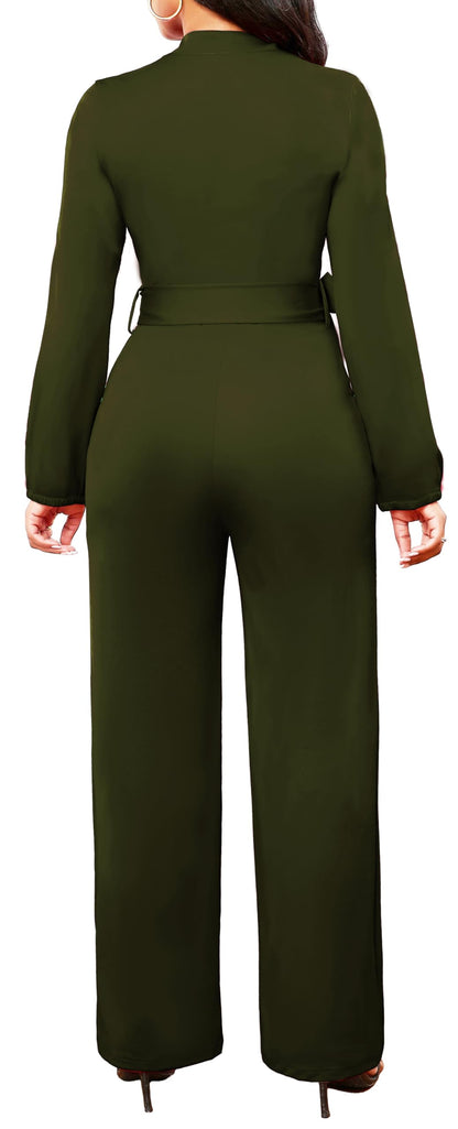 Army Green Jumpsuits for Women Dressy Elegant Long Sleeve Long Straight Pants Button Down Business Jumpsuit with Pockets Belt(X-Large)