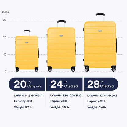 YEMENREN Luggage Sets Hardside Lightweight Suitcase with Spinner Wheels TSA Lock, 3-Piece Set (20/24/28), Yellow