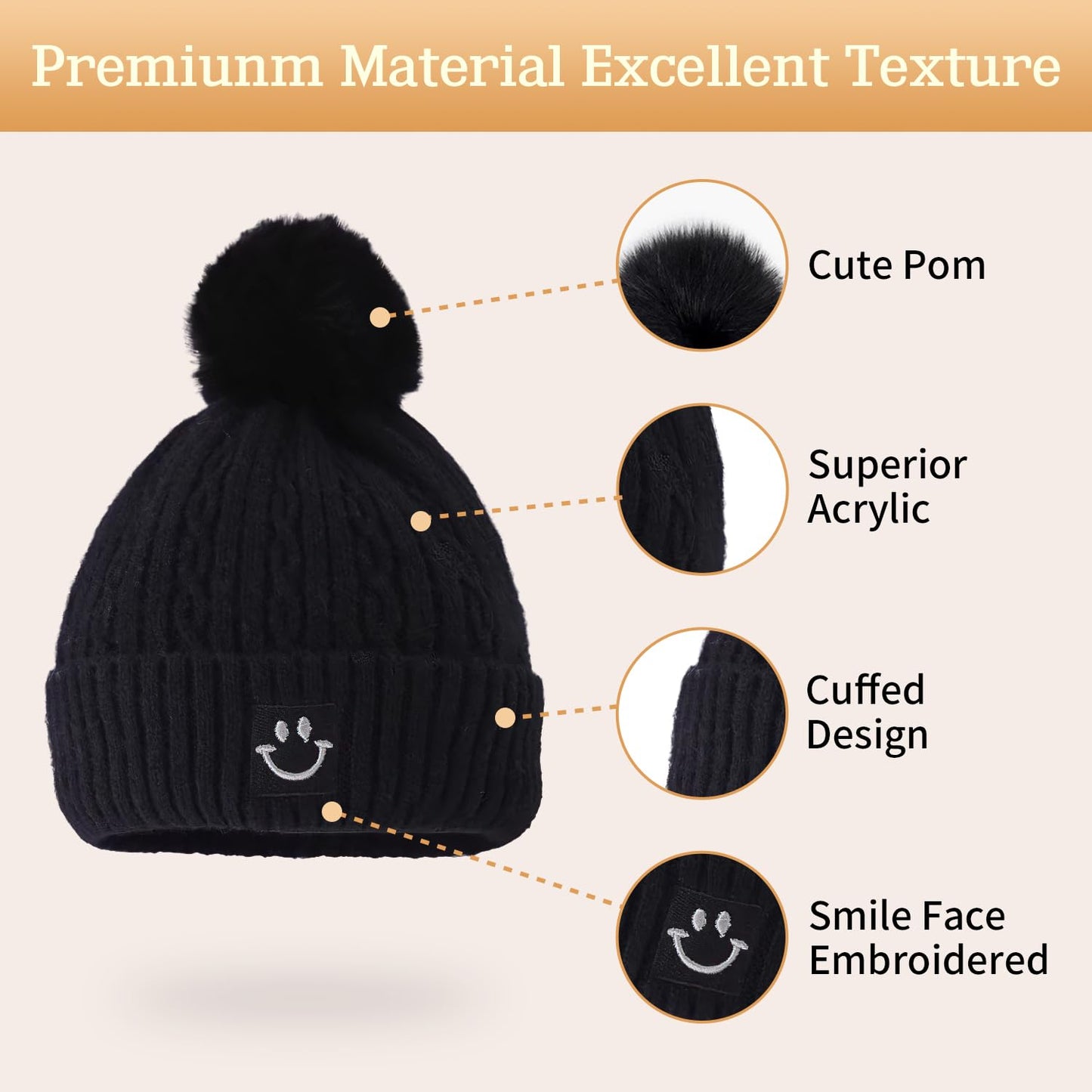 Womens Winter Beanie Hat, Smile Face Warm Fleece Knitted Skull Cap with Faux Fur Pom Pom White Pink