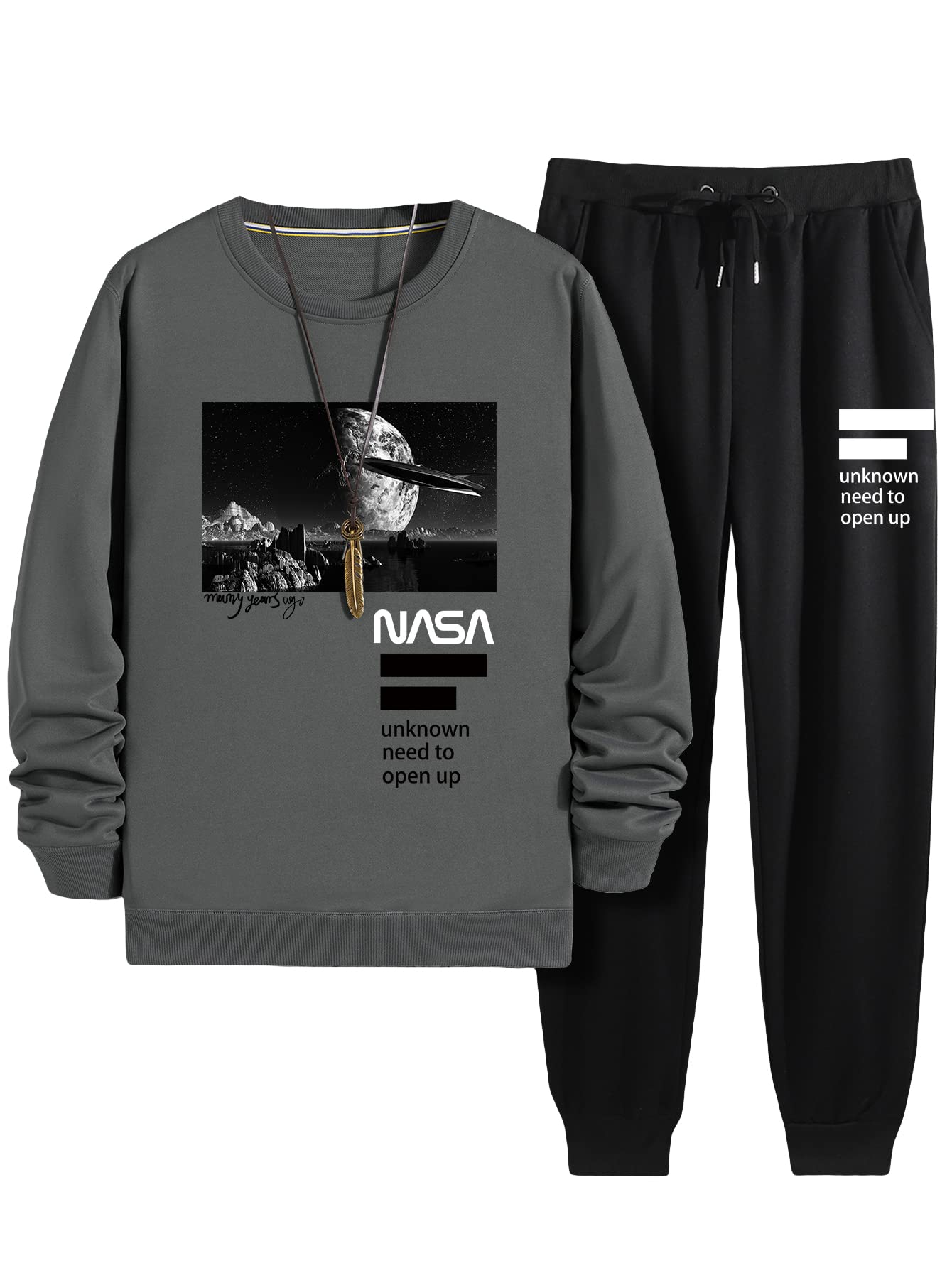 GORGLITTER Men's 2 Piece Outfits Color Block Graphic Thermal Lined Sweatshirt and Sweatpants Tracksuit Set Black and Grey Medium