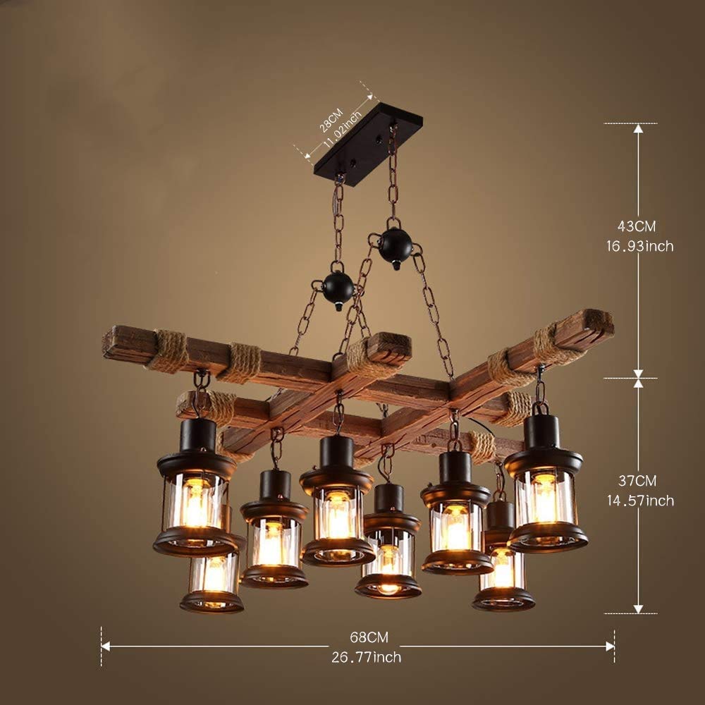 8 Lights Industrial Wooden Hanging Lighting Black Metal Chandelier Farmhouse Vintage Pendant Lamp Glass Lampshade for Pool Table Kitchen Island Bar Retro Ceiling Light Height Adjustable Fixture