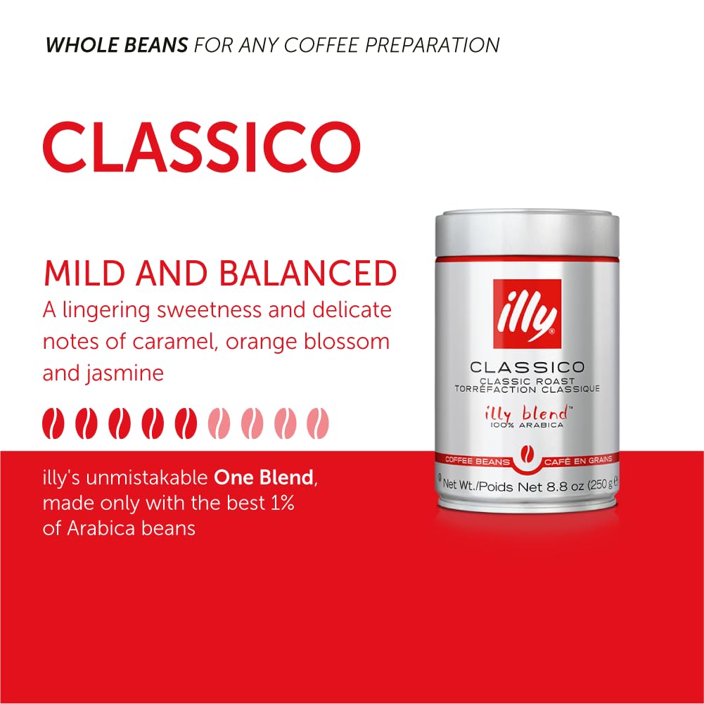 illy Whole Bean Coffee - Perfectly Roasted Whole Coffee Beans – Classico Medium Roast - with Notes of Caramel, Orange Blossom & Jasmine - 100% Arabica Coffee - No Preservatives – 8.8 Ounce, 6 Pack