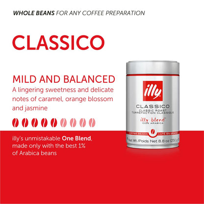 illy Whole Bean Coffee - Perfectly Roasted Whole Coffee Beans – Classico Medium Roast - with Notes of Caramel, Orange Blossom & Jasmine - 100% Arabica Coffee - No Preservatives – 8.8 Ounce, 6 Pack