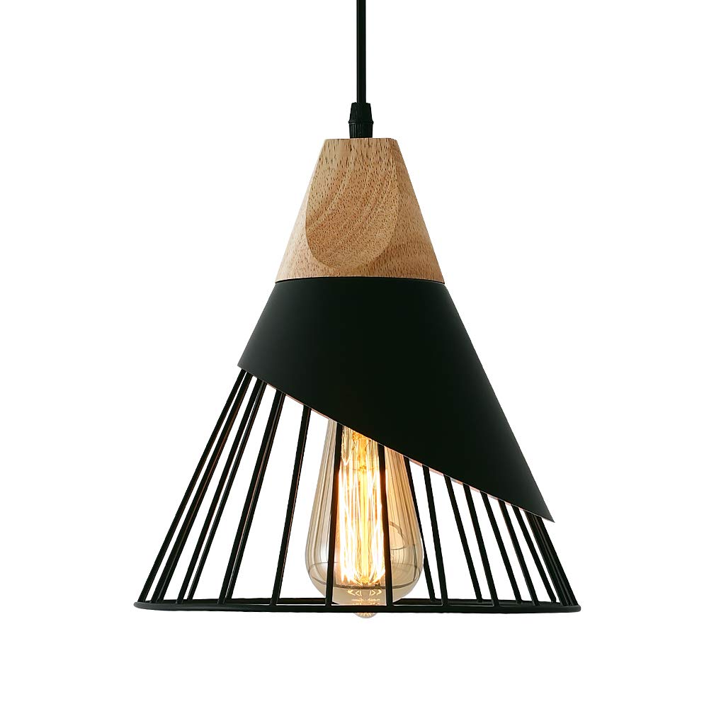 Mxsaoud Modern Black Pendant Light Over Kitchen Island, Adjustable Wood Hanging Light Fixture,Industrial Pendant Lighting for Dining Room,Living Room,Bedroom,Hallway,Kitchen,Bar