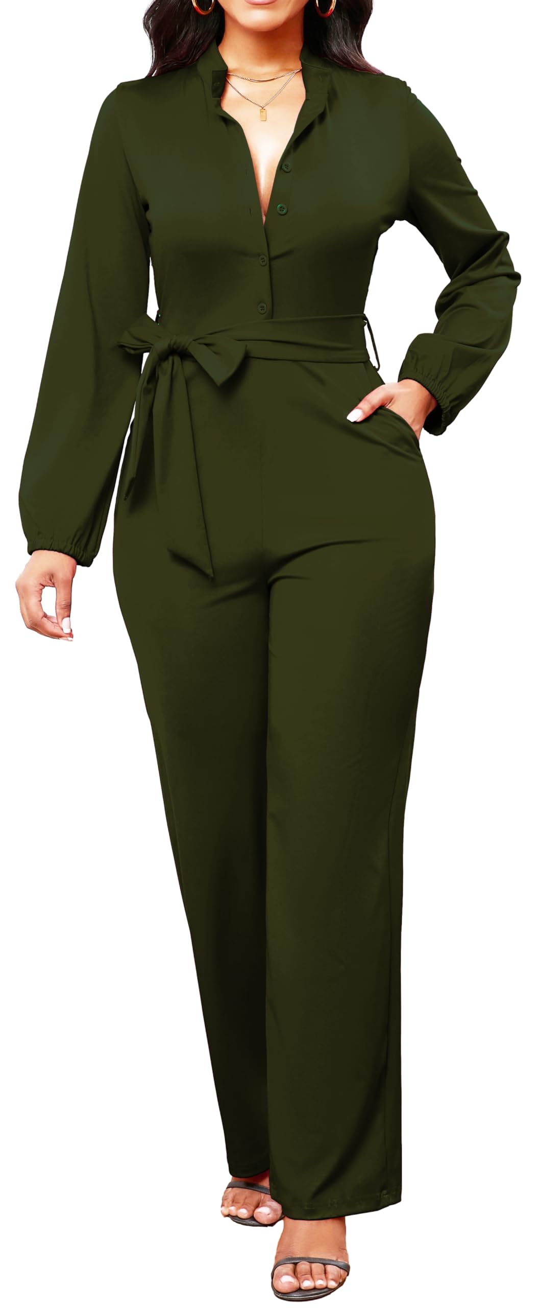 Army Green Jumpsuits for Women Dressy Elegant Long Sleeve Long Straight Pants Button Down Business Jumpsuit with Pockets Belt(X-Large)