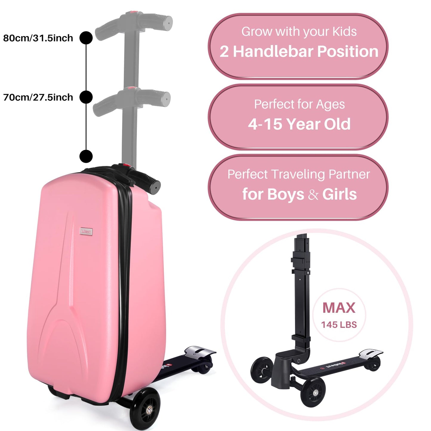 iubest Luggage Carry On Scooter Suitcase for Kids Age 4-15, Detachable & Foldable 4 in 1 Suitcase, Multifunctional Ride On Travel Trolley Scooter Combo-Pink