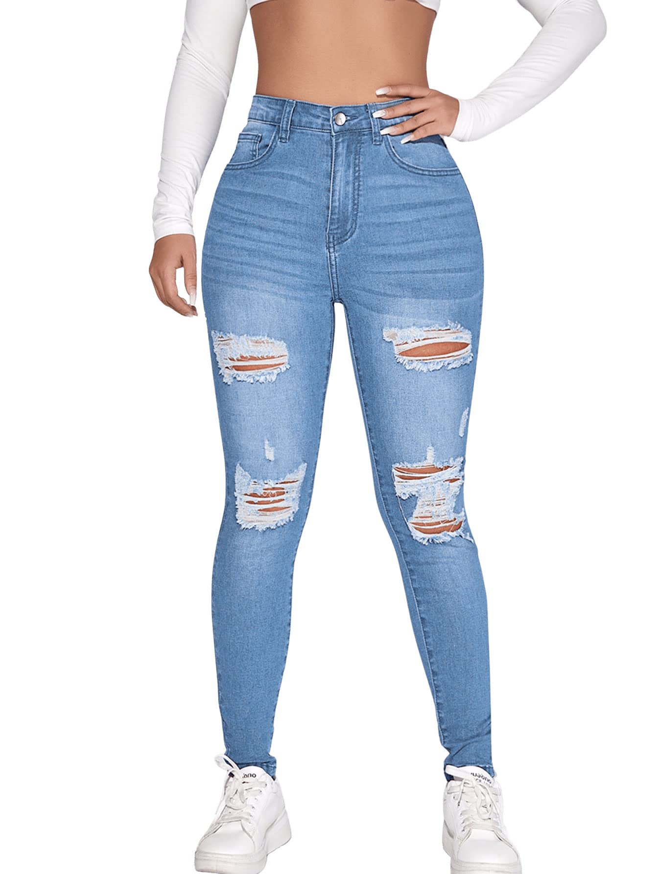 SweatyRocks Women's Casual High Rise Ripped Jeans Zipper Fly Skinny Denim Pants Light Wash L