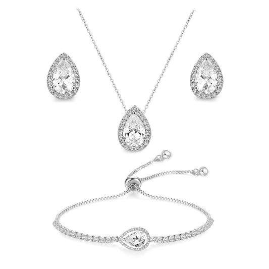 UDYLGOON CZ Tearsdrop Earrings Necklace Jewelry Set For Bride Bridesmaids Wedding (3 Set-White Gold)