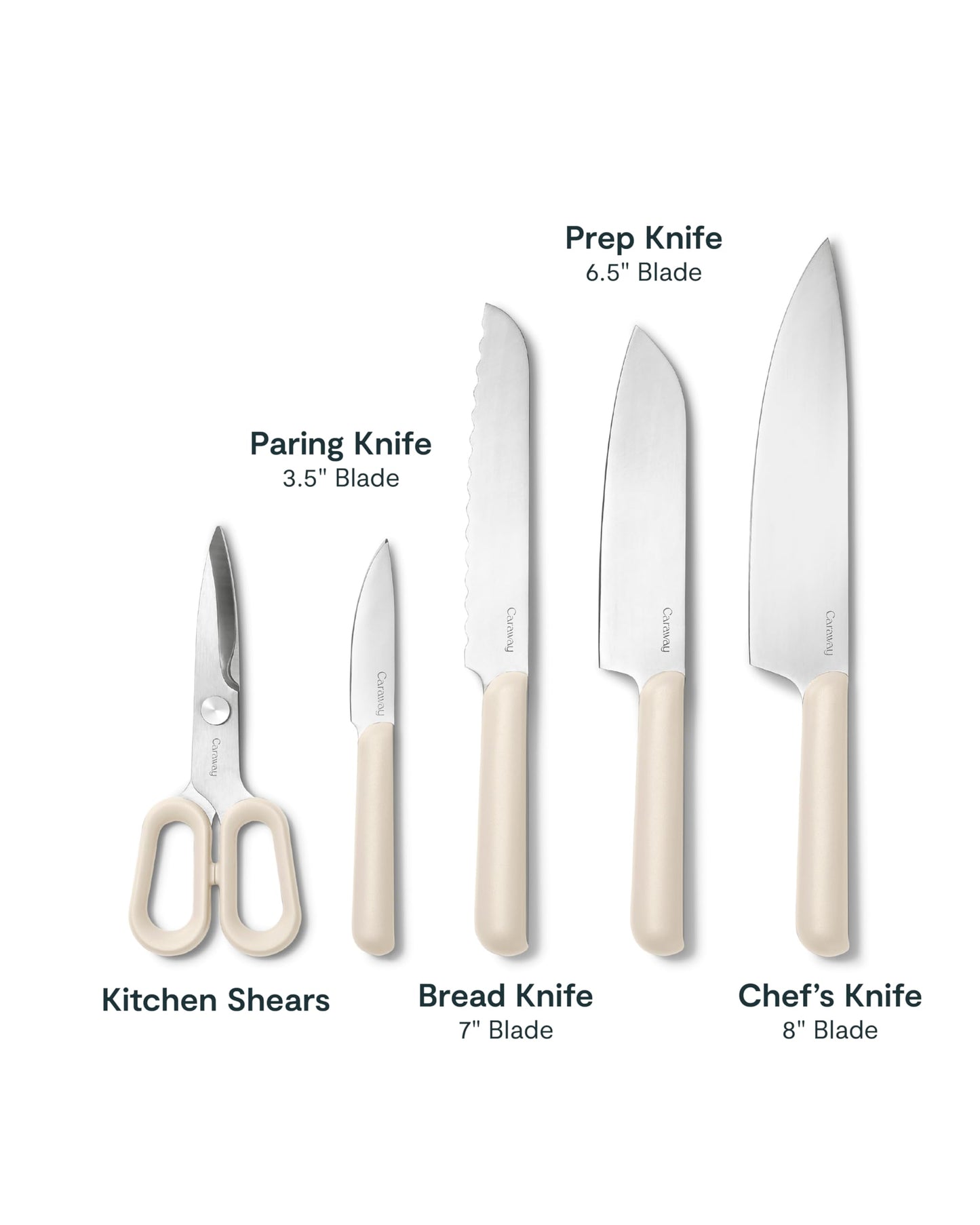 Caraway 5 Piece Knife Set - Premium German Steel Blade Kitchen Knives - Ergonomic Handles - No Microplastics - Cream