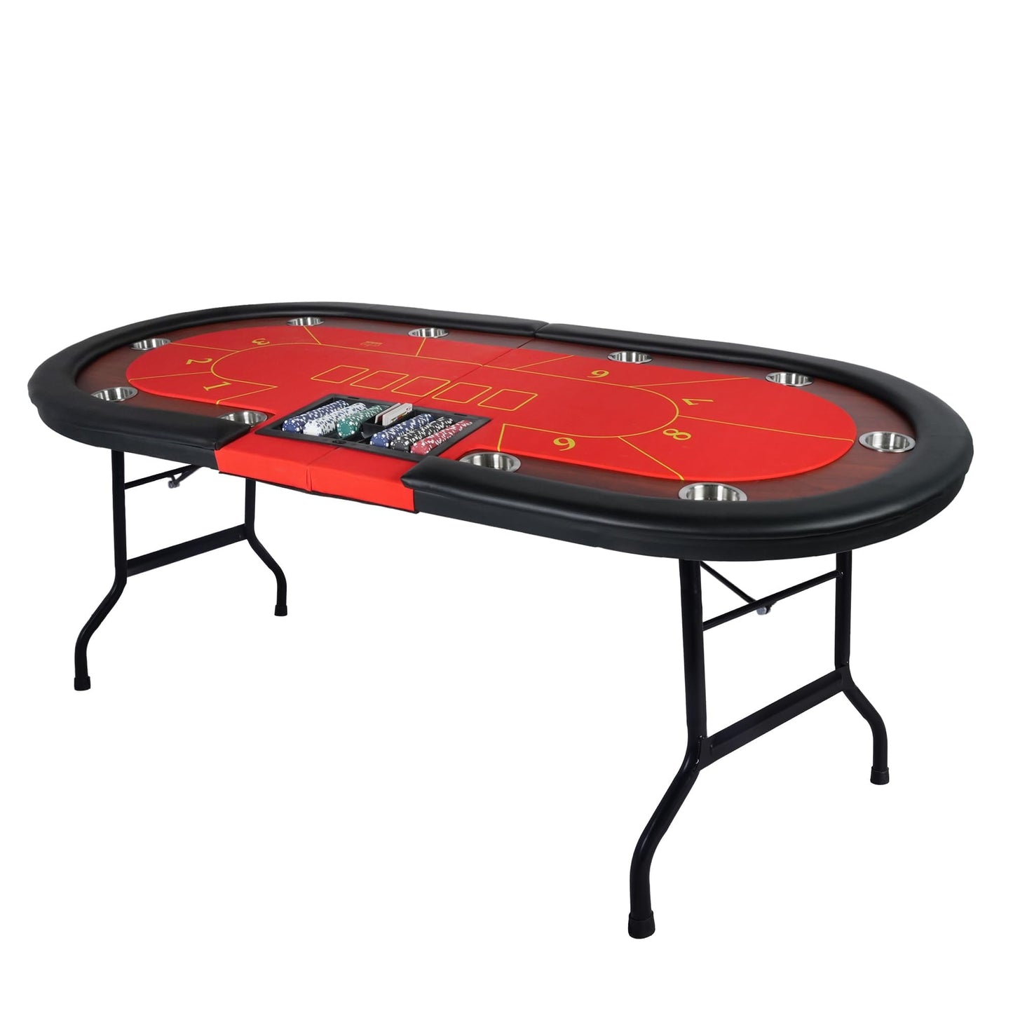 DC DICLASSE Upgrade 84" Folding Poker Table, 10 Players Oval Card Table with Stainless Steel Cup Holders & Padded Rails, Casino Leisure Felt Surface Texas Hold 'em Poker Table, Red