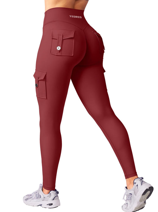 YEOREO Gym Workout Cargo Leggings with Pockets for Women Hidden Scrunch Butt Lifting Compression Yoga Leggings Ankela Red S