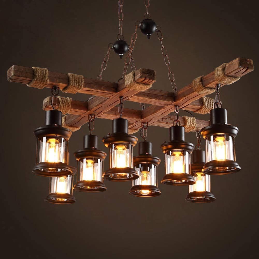 8 Lights Industrial Wooden Hanging Lighting Black Metal Chandelier Farmhouse Vintage Pendant Lamp Glass Lampshade for Pool Table Kitchen Island Bar Retro Ceiling Light Height Adjustable Fixture