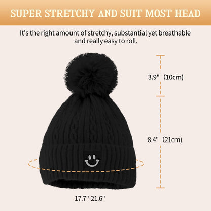 Womens Winter Beanie Hat, Smile Face Warm Fleece Knitted Skull Cap with Faux Fur Pom Pom White Pink