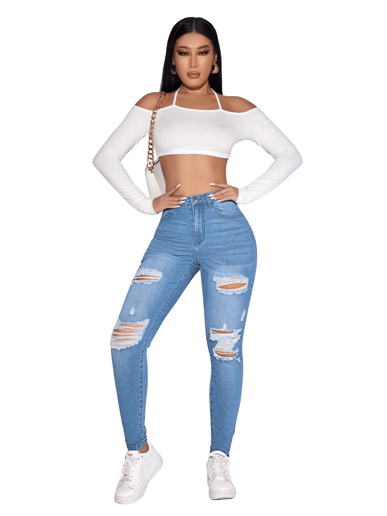 SweatyRocks Women's Casual High Rise Ripped Jeans Zipper Fly Skinny Denim Pants Light Wash L