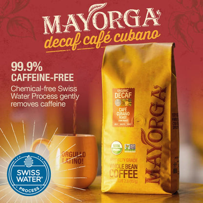 Mayorga Decaf Coffee 2lb Bag Dark Roast Organic Coffee Swiss Water Decaffeinated Cubano Roast Coffee - 100% Arabica Whole Coffee Beans - Smoothest Organic Coffee-Specialty Grade, Non-GMO, Direct Trade