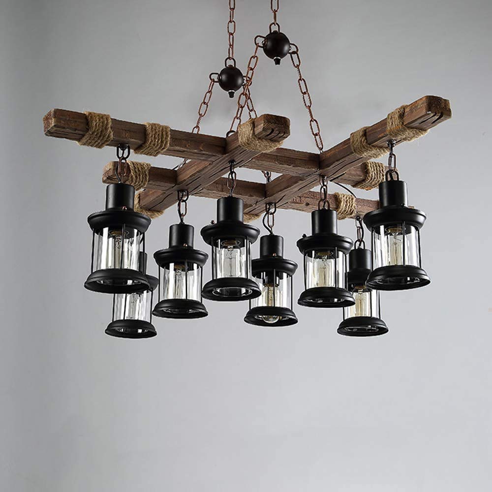 8 Lights Industrial Wooden Hanging Lighting Black Metal Chandelier Farmhouse Vintage Pendant Lamp Glass Lampshade for Pool Table Kitchen Island Bar Retro Ceiling Light Height Adjustable Fixture