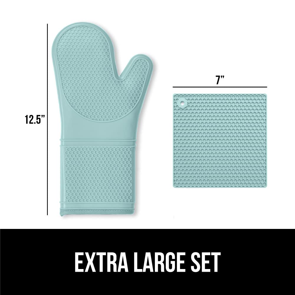 GORILLA GRIP BPA-Free Soft Silicone Oven Mitts and Potholder Set of 4, Heat Resistant Hot Pads, Thick Cotton Lined Cooking Mitt, Long Gloves Protect Hands, Kitchen Waterproof Trivet Mats, 12.5" Mint