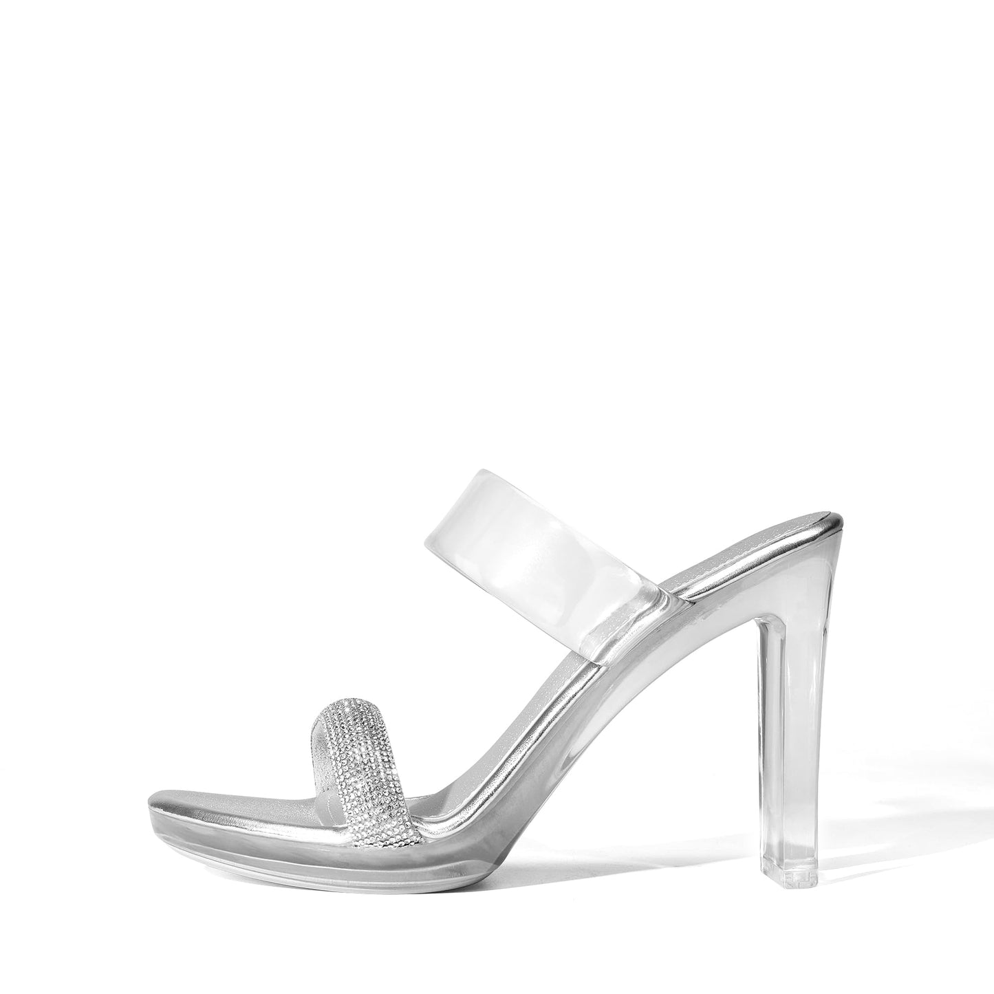 DREAM PAIRS Women's Clear Two Strap Open Toe High Block Chunky Slip on Dress Heel Sandals,Size 9,Silver Clear,DHS217