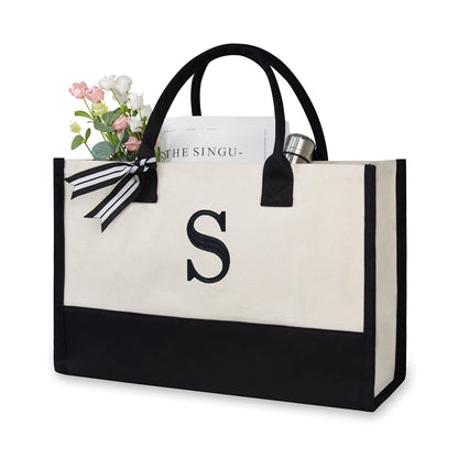 TOPDesign Embroidery Initial Canvas Tote Bag, Personalized Present Bag, Suitable for Wedding, Birthday, Beach, Holiday, is a Great Gift for Women, Mom, Teachers, Friends, Bridesmaids (Letter S)