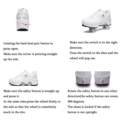 2-in-1 Roller Skates Shoes with Retractable 4 Wheels & Pop-Out Deformation Sneakers Outdoor Sports Skating Shoes for Girls Boys