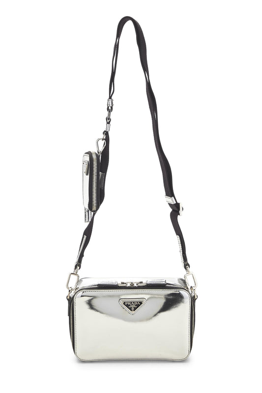 Prada, Pre-Loved Silver Metallic Patent Leather Brique Small, Silver