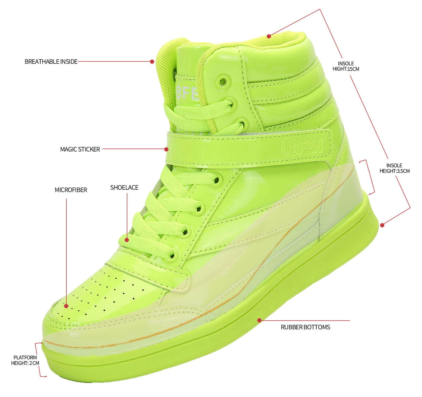 UBFEN Womens High Top Ankle Support Sneakers Vibrant Green Wedge Heel Retro 80s Tennis Shoes for Girls Cosplay Removable Insole Backpacking Boots Size 7.5