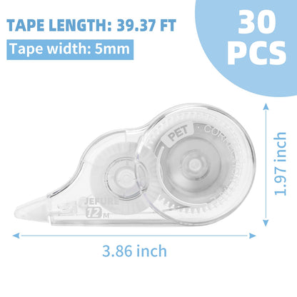 JEFURE 30 Pcs 39.4 Ft White Out Correction Tape, Whiteout Tape Roller, Tear-Resistant Tape, White Out Tape Bulk for School, Office, Note Taking, Journal (Tape Width 0.2 in, Clear)