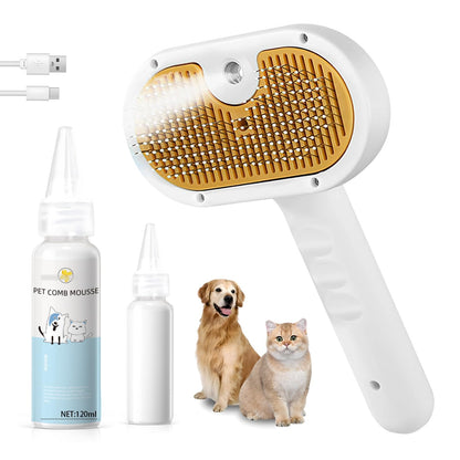 Pet Steam Brush for Dog & Cat – 3-in-1 Spray Hair Removal Comb – Steam Brush for Shedding & Grooming – Water Brush for Long & Short Haired Pets – Spritz Defur Comb – Includes Waterless Shampoo