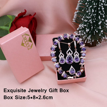 LMXXVJ Rose Gold Plated Jewelry Sets for Women，Feb Birthstone Purple Created Amethyst Necklace Earring Open Ring Bracelet Set ,Christmas Birthday Prom Thanksgiving Day Festival Gifts for Mom/Wife/Sister/Best Friend