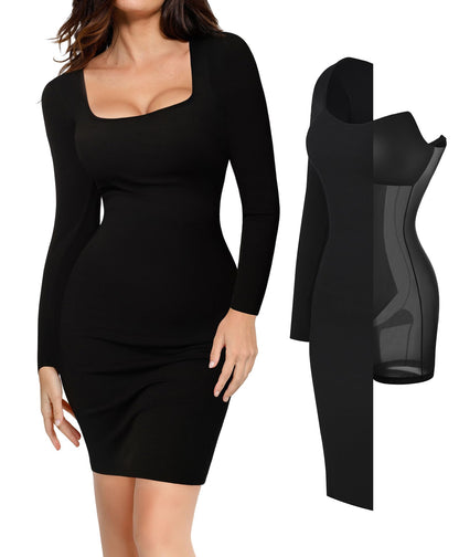 Popilush Long Sleeve Cocktail Dress for Women Midi Dresses Shapewear Tummy Control Black Bodycon Dress Built-in Bra