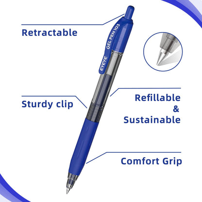 EYEYE G-103 Retractable Gel Pens, 0.5mm Fine Point Blue Ink Pens, Premium Quick Drying Ballpoint Pen for School Office (10count-Blue)