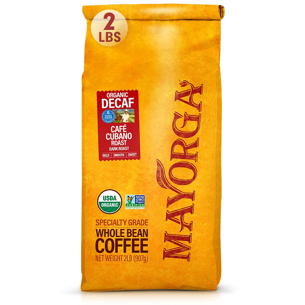 Mayorga Decaf Coffee 2lb Bag Dark Roast Organic Coffee Swiss Water Decaffeinated Cubano Roast Coffee - 100% Arabica Whole Coffee Beans - Smoothest Organic Coffee-Specialty Grade, Non-GMO, Direct Trade