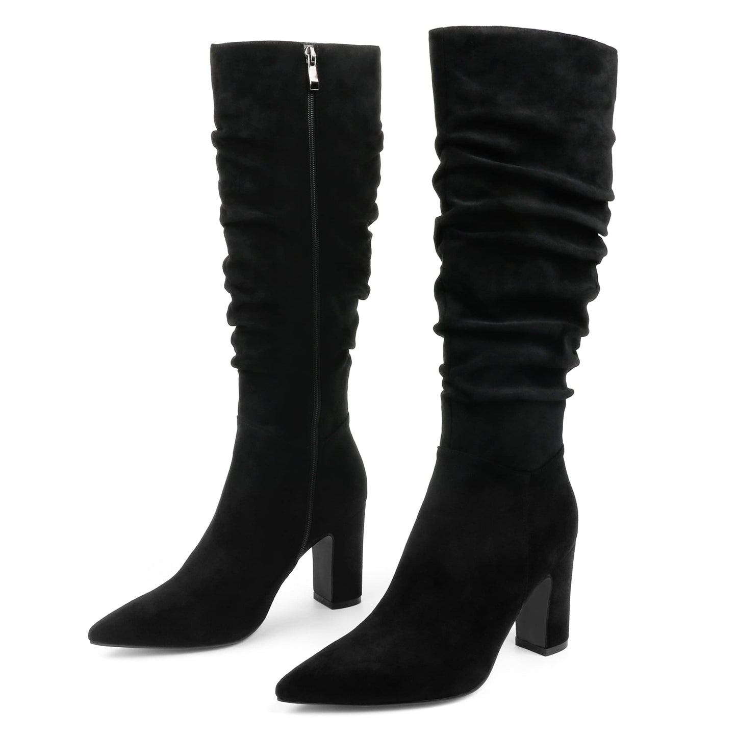 JOY IN LOVE Women's High Block Heel Wrinkled Slouchy Zipper Knee High Boots Black S-BD US 6.5