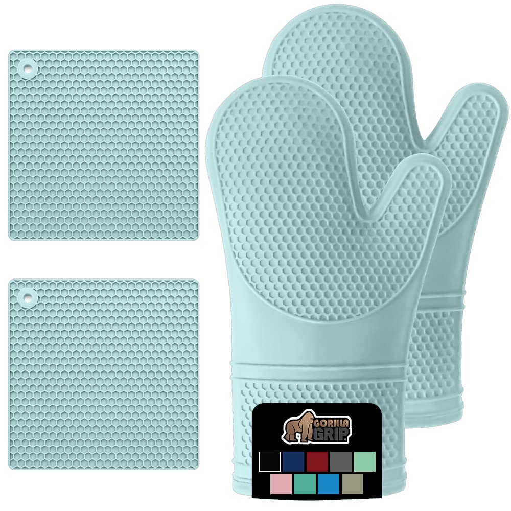 GORILLA GRIP BPA-Free Soft Silicone Oven Mitts and Potholder Set of 4, Heat Resistant Hot Pads, Thick Cotton Lined Cooking Mitt, Long Gloves Protect Hands, Kitchen Waterproof Trivet Mats, 12.5" Mint