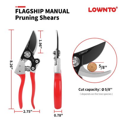 Lownto Pruning Shears for Gardening 5/8" Tree and Branch Garden Clippers - Plant Cutter Scissors with PTFE Resist-rust, Non-stick Coating Steel Blades, Heavy Duty Bypass Hand Pruners