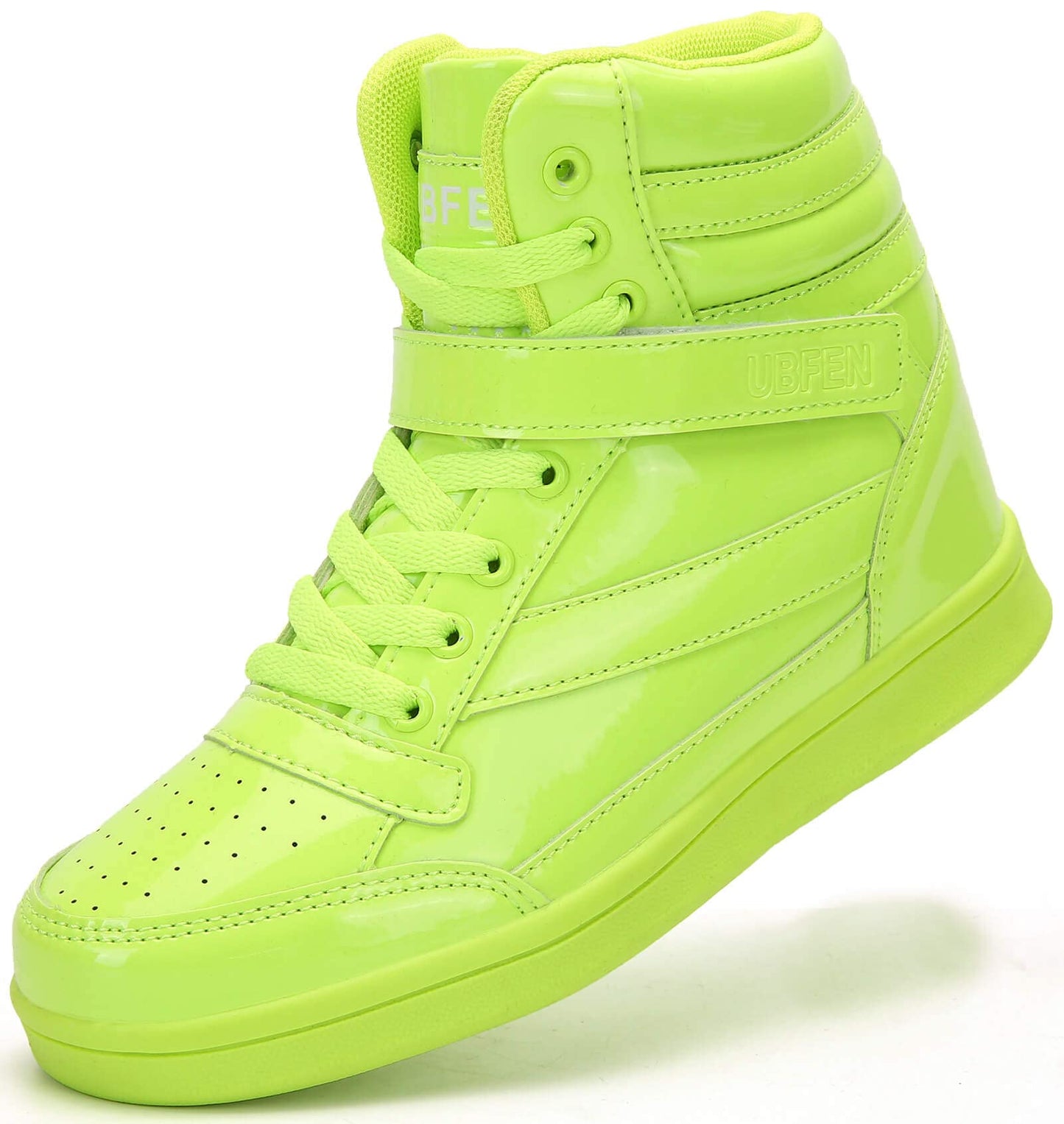 UBFEN Womens High Top Ankle Support Sneakers Vibrant Green Wedge Heel Retro 80s Tennis Shoes for Girls Cosplay Removable Insole Backpacking Boots Size 7.5