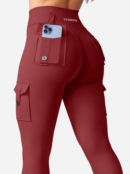 YEOREO Gym Workout Cargo Leggings with Pockets for Women Hidden Scrunch Butt Lifting Compression Yoga Leggings Ankela Red S