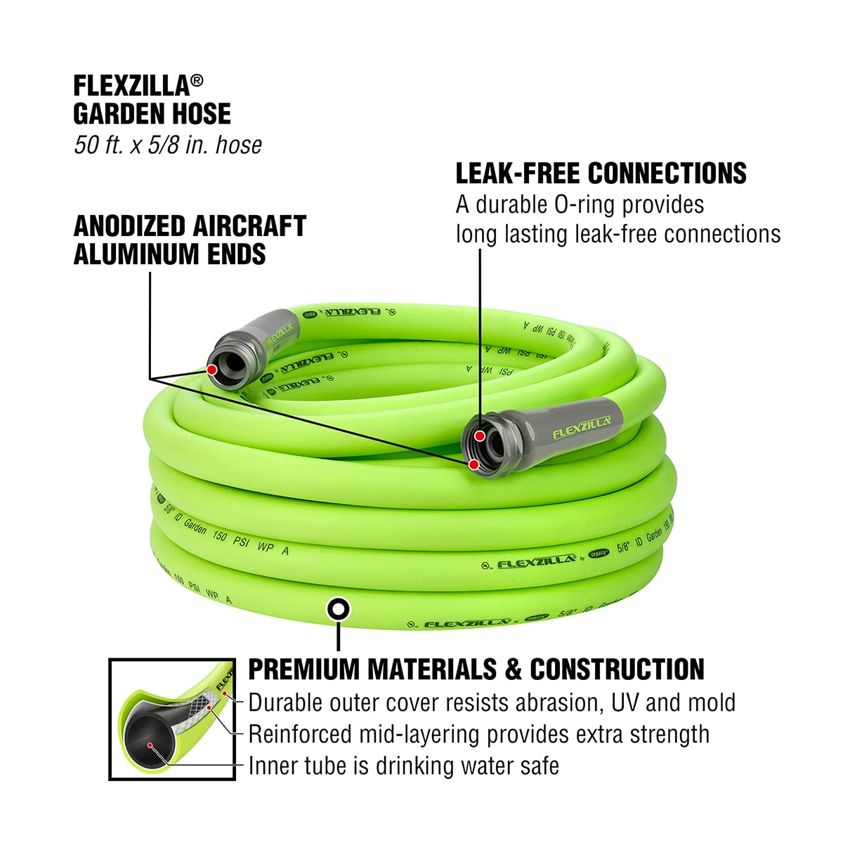 Flexzilla Garden Hose 5/8 in. x 50 ft, Heavy Duty, Lightweight, Durable, ZillaGreen - HFZG550YW-E