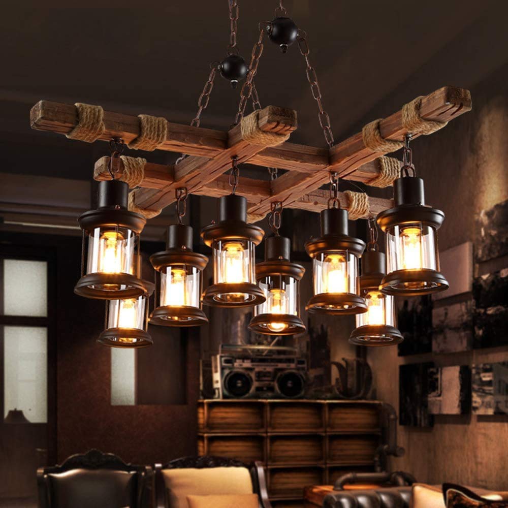 8 Lights Industrial Wooden Hanging Lighting Black Metal Chandelier Farmhouse Vintage Pendant Lamp Glass Lampshade for Pool Table Kitchen Island Bar Retro Ceiling Light Height Adjustable Fixture