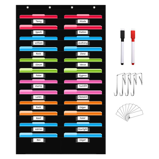 REGELETO 24 Pockets Storage Pocket Chart with 24 Nametag Pockets, Hanging Wall File Organizer for Classroom and Office, Organize Your Assignments, Files, Scrapbooks, Paper (Black-24 pockets)