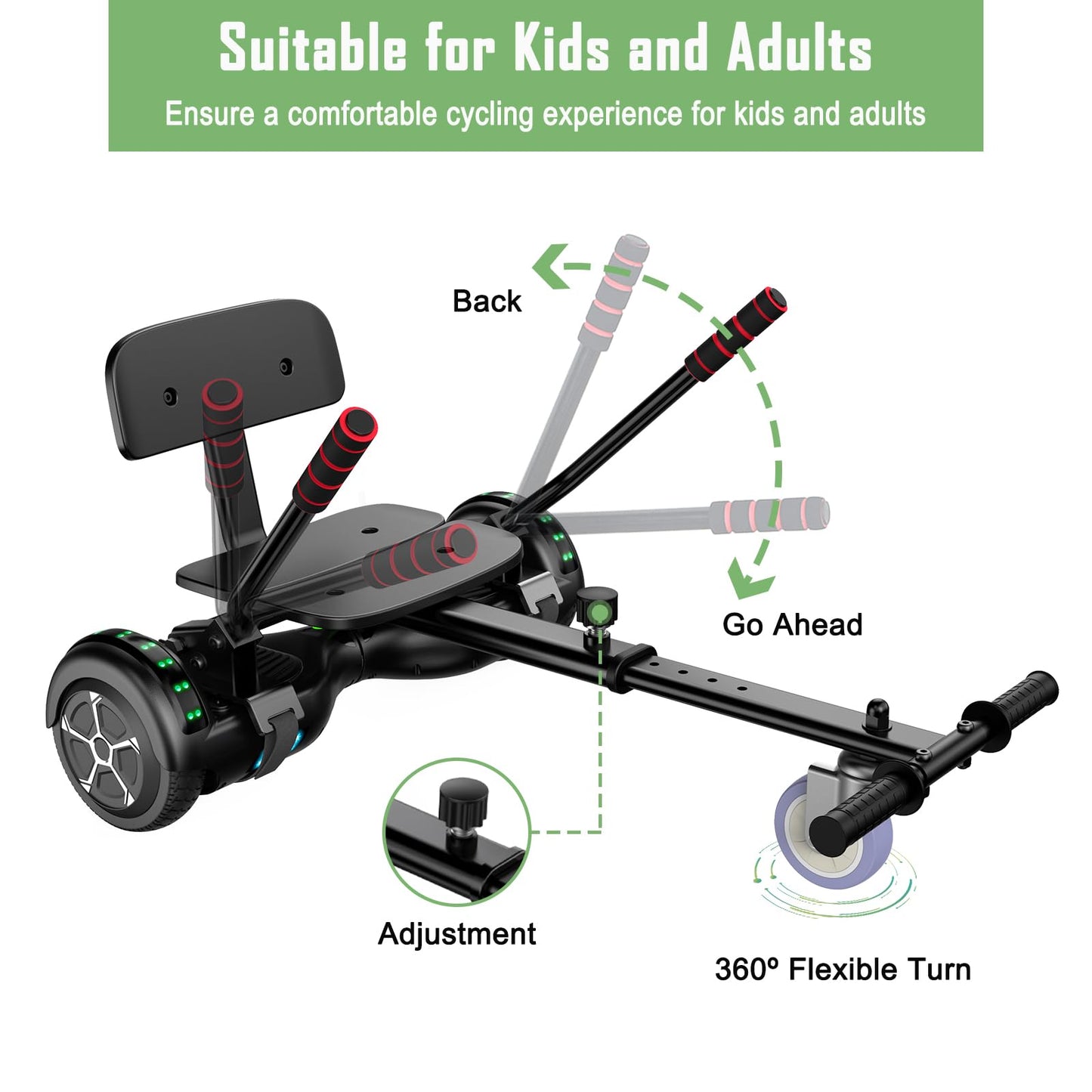 UNI-SUN Scooter Seat Attachment, Scooter with Go Kart for Kids Boys Girls Adults, with Corlorful LED Lights, Bluetooth