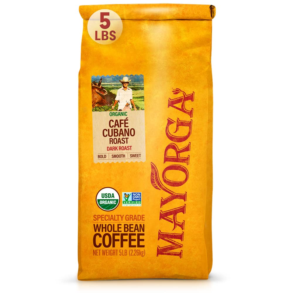 Mayorga Dark Roast Coffee 5lb bag Cubano Roast Coffee 100% Arabica Café Whole Coffee Beans - Smoothest Organic Coffee - Specialty Grade, Non-GMO, Direct Trade