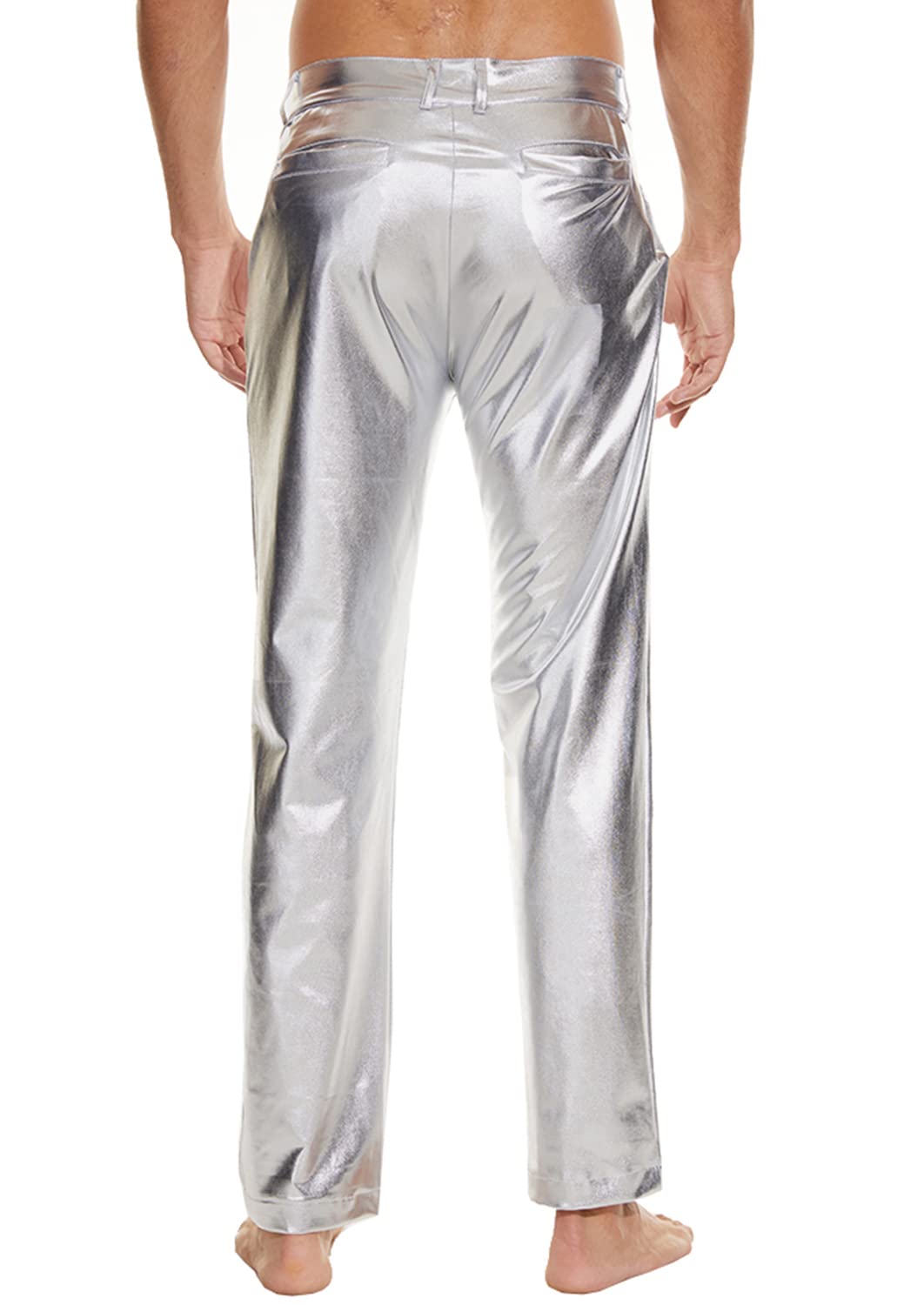 Mens Metallic Shiny Disco Pants, Wet Look Party Dance Straight Leg Trousers, 70s/80s Festival Rave Cosplay Leather Pants (Silver, S)