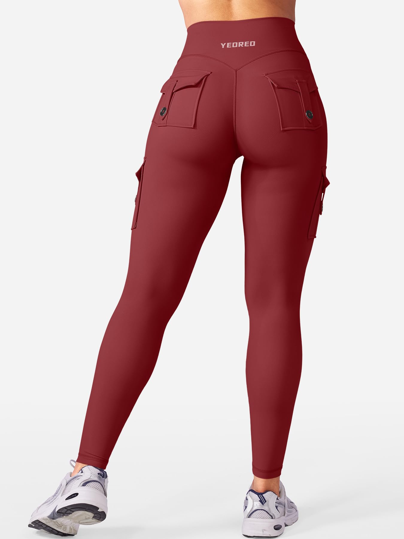 YEOREO Gym Workout Cargo Leggings with Pockets for Women Hidden Scrunch Butt Lifting Compression Yoga Leggings Ankela Red S