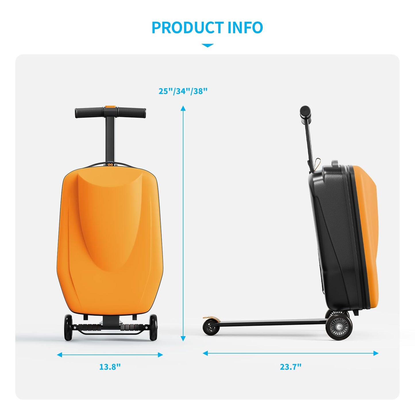 TABU 21" Scooter Hardshell Luggage for Kid and Adult, Foldable Carry-on Kids Suitcase with Telescopic Handle, Multifunctional Ride On Lightweight Kids Luggage with Wheels, Orange