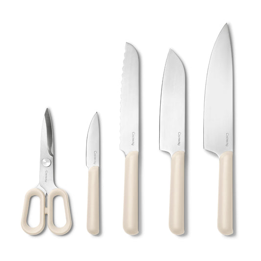 Caraway 5 Piece Knife Set - Premium German Steel Blade Kitchen Knives - Ergonomic Handles - No Microplastics - Cream