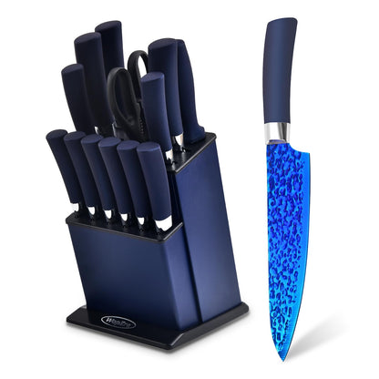 Rainbow Kitchen Knife Set Non Stick Knives Set with Block Thick Blade Cutlery Knife Block Sets Chef Sharp Quality for Home & Pro Use Best Gift (Blue Handle- Rugged Blue Blade)