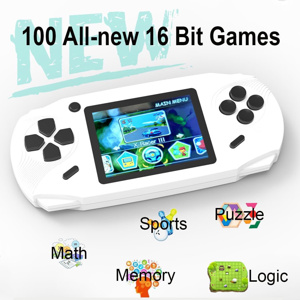 Beijue 16 Bit Handheld Games for Kids Adults 3.0'' Large Screen Preloaded 100 HD Classic Retro Video Games USB Rechargeable Seniors Electronic Game Player Birthday Xmas Present (White)