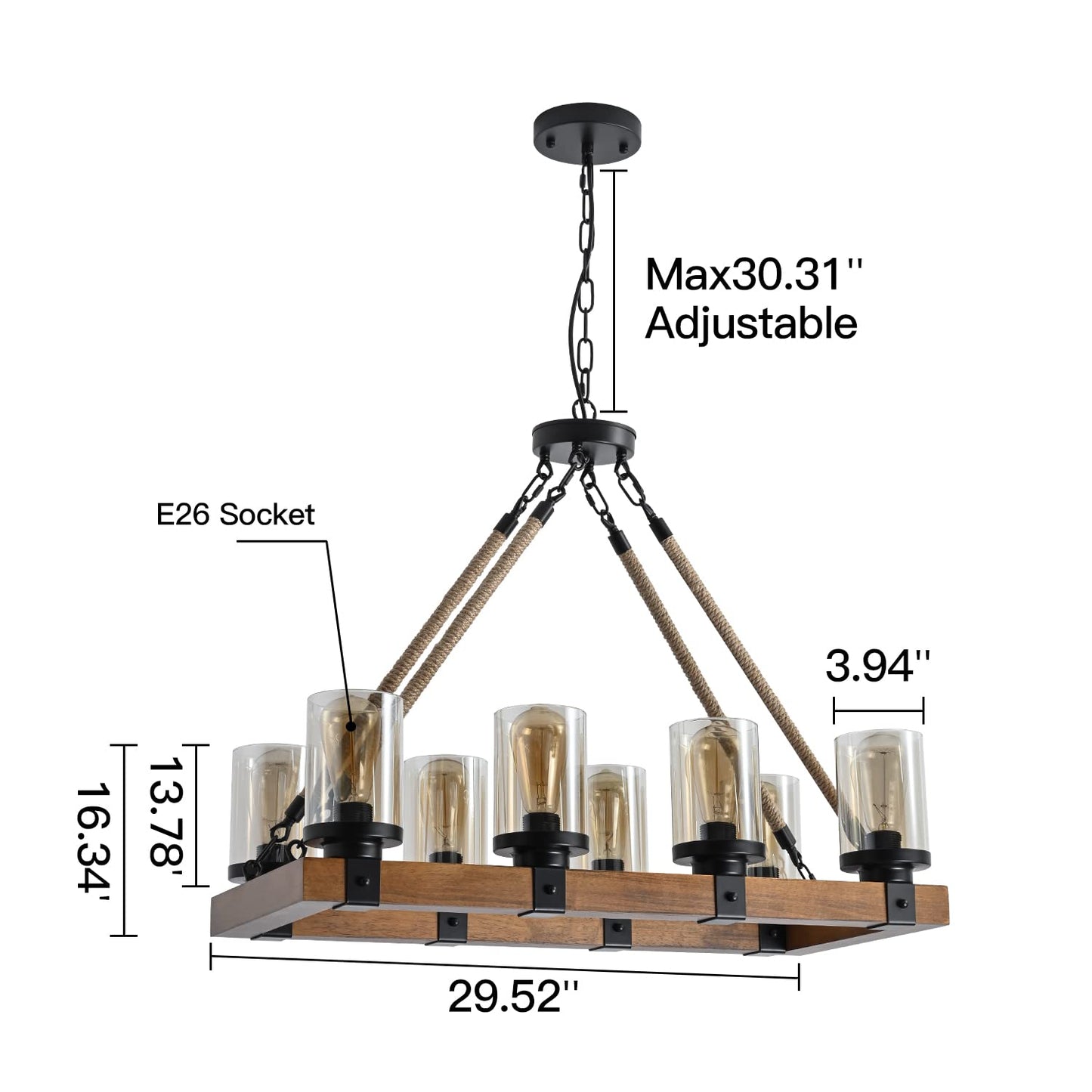 8-Light Farmhouse Chandelier Kitchen Island Light Fixture, Wood Chandeliers, Candle Pendant Light, Glass Lodge and Tavern Pendant Lighting 480W Max (Bulb Not Included)